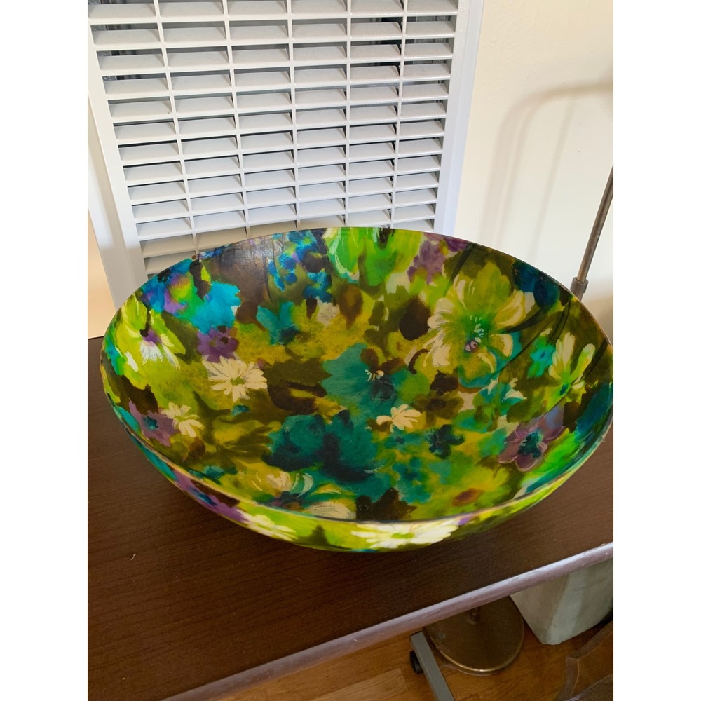 Vintage Mid Century Modern Floral Fiberglass Bowl Green Blue Purple 13 Inch